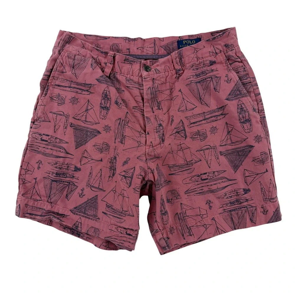 Polo Ralph Lauren Shorts Mens 32 Pink Nautical Boat Print Chino Coastal Sailing